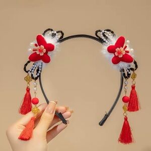 Red Floral Headband with Tassels